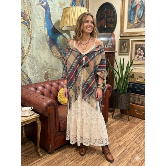 Cato Sweaters - Cato Boho Plaid Poncho Cape One Size